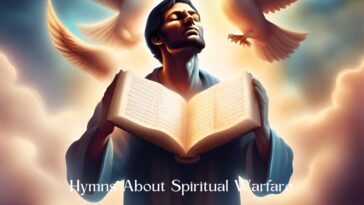 Man with eyes closed holds open book; doves and a cross appear above. "Hymns About Spiritual Warfare" is written at the bottom.