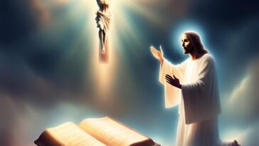 Jesus kneels with hands raised, a book open before him, and a figure on a cross glows above.