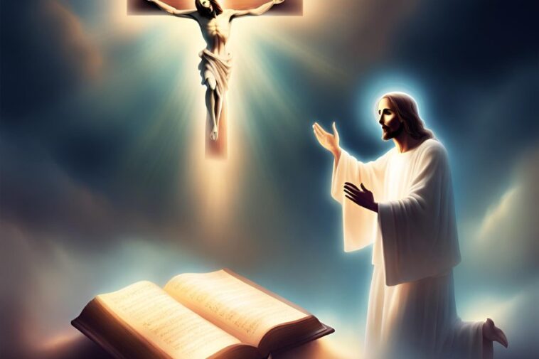 Jesus kneels with hands raised, a book open before him, and a figure on a cross glows above.