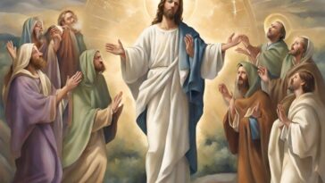 Painting shows a man in white robes with arms outstretched, surrounded by a group of men in robes, against a bright, cloudy sky.