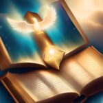 Two open books stacked, with a glowing dove and light beam above.
