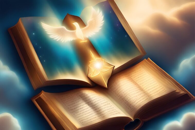 Two open books stacked, with a glowing dove and light beam above.