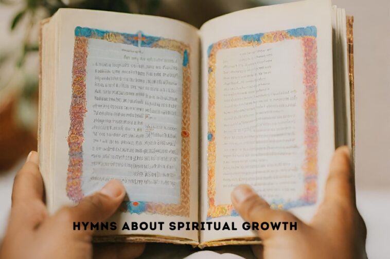 Open book held by two hands, pages filled with text and decorative borders.