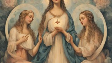 Painting of a woman with long curly hair, flanked by two kneeling women with halos.