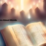 Open book with musical notation, set against a backdrop of silhouetted buildings, glowing lights, and the text "Hymns About Words.