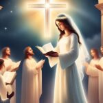 A woman in white with a veil reads from a book, surrounded by a choir holding sheet music, under a glowing cross.