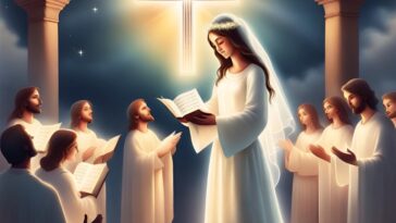 A woman in white with a veil reads from a book, surrounded by a choir holding sheet music, under a glowing cross.