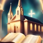 Illustration of a church with two steeples, a glowing cross, and an open book in the foreground. The church is framed by pillars and clouds.
