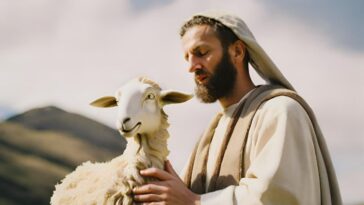 A man with a beard, wearing a robe and head covering, gently holds a sheep. A hill and cloudy sky are in the background.