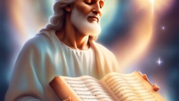 Person with long white hair and beard, wearing a white robe, holds open a book of sheet music against a starry, glowing background.