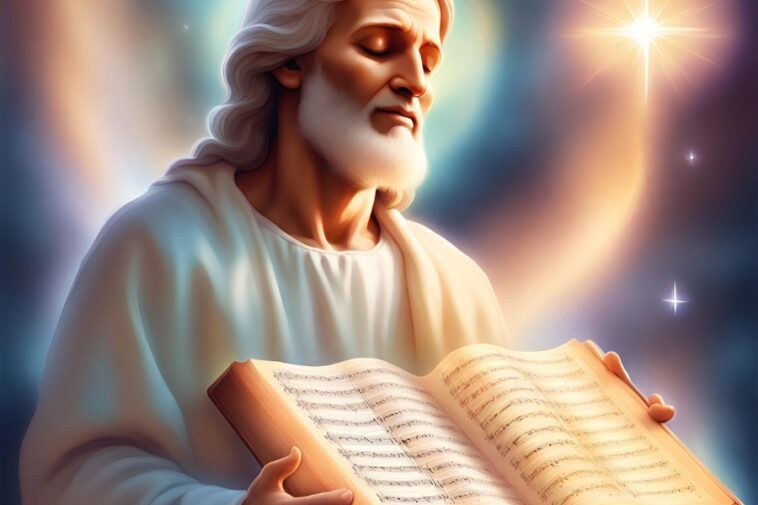 Person with long white hair and beard, wearing a white robe, holds open a book of sheet music against a starry, glowing background.