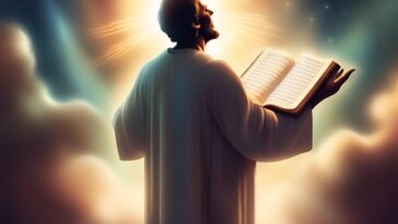 Person in a white robe, head tilted back, holding open book with musical notes, surrounded by clouds and light.