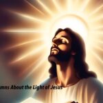 Illustration of a person with long hair and closed eyes facing upwards, bathed in bright light with rays emanating from behind their head. The text "Hymns About the Light of Jesus" is at the bottom.