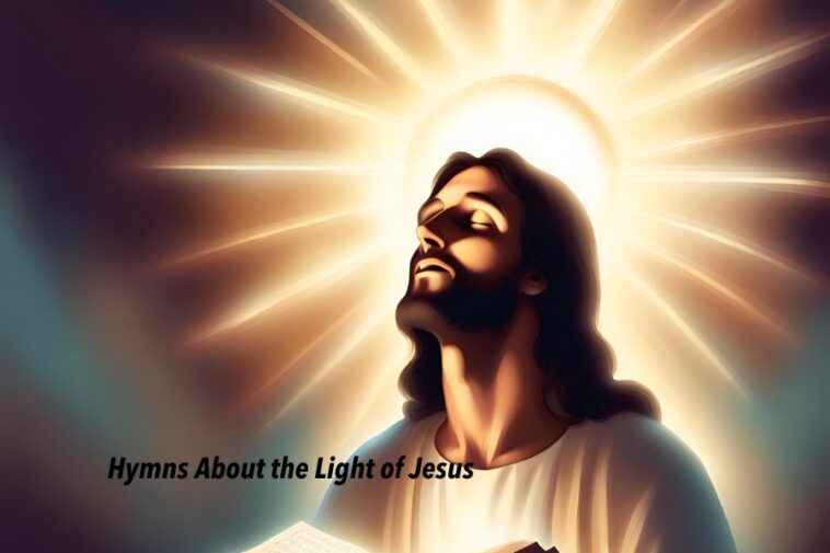 Illustration of a person with long hair and closed eyes facing upwards, bathed in bright light with rays emanating from behind their head. The text "Hymns About the Light of Jesus" is at the bottom.