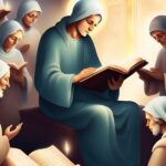 Group of figures in robes, some reading books, bathed in soft light.