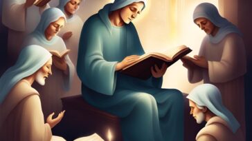 Group of figures in robes, some reading books, bathed in soft light.