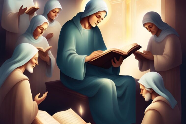Group of figures in robes, some reading books, bathed in soft light.