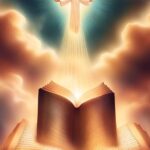 Open books glow with light, with a figure above and clouds in the background.