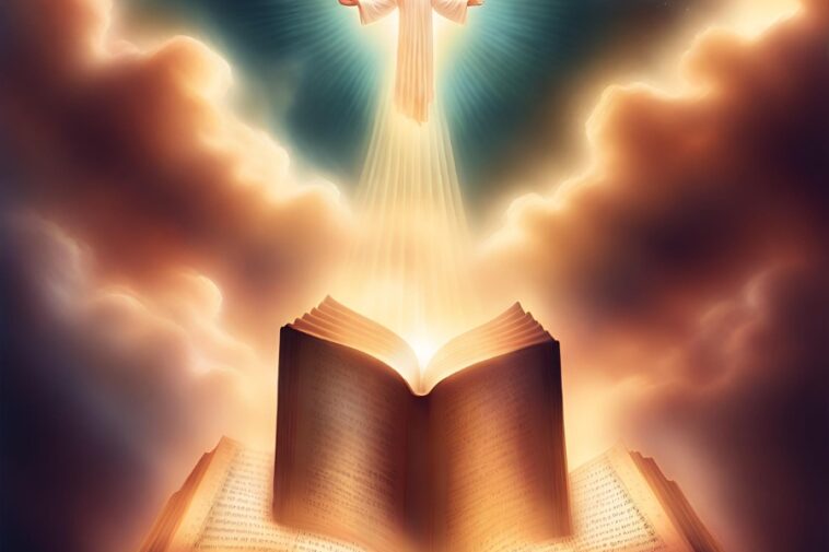 Open books glow with light, with a figure above and clouds in the background.