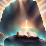 Open book on a rock, with a glowing cross and mountain backdrop.