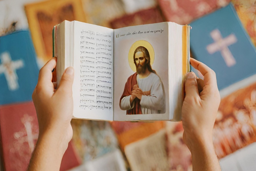 Hands hold open a book with a portrait of Jesus on the right page, text on the left, and other books with crosses on the covers are blurred in the background.