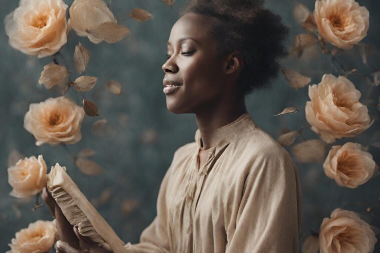 A person with dark skin and short dark hair, wearing a light tan shirt, holds a book with ruffled edges against a blue-gray background with scattered peach-colored roses and leaves.