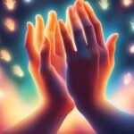 Two hands are held together, surrounded by glowing, floating hands.