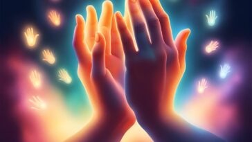 Two hands are held together, surrounded by glowing, floating hands.