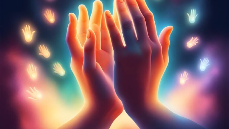 Two hands are held together, surrounded by glowing, floating hands.