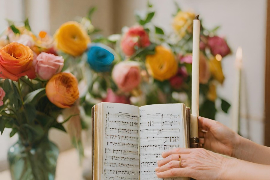 Open book of sheet music held by hands, with candles and a vase of colorful flowers in the background.