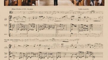 Sheet music with handwritten notes and musical notation is overlaid with a blurred image of people in a church setting.