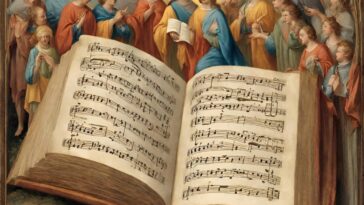 A large, open book of sheet music sits in front of a group of people in robes.