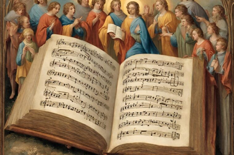 A large, open book of sheet music sits in front of a group of people in robes.