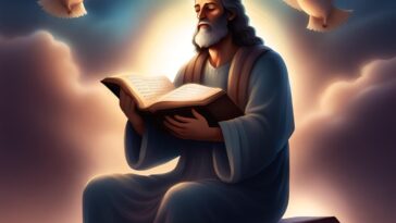 A man with long gray hair and a beard is reading a book, with two white doves flying above him against a cloudy background.