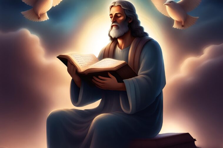 A man with long gray hair and a beard is reading a book, with two white doves flying above him against a cloudy background.