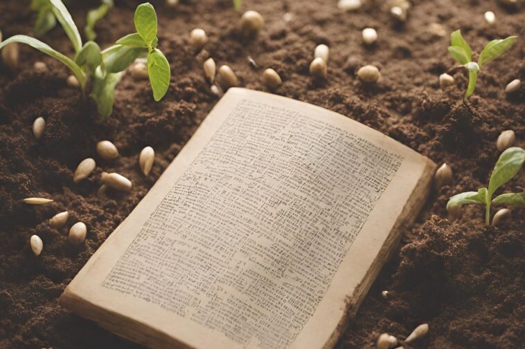 Open book with text on pages, lying in soil with seeds and small sprouts.