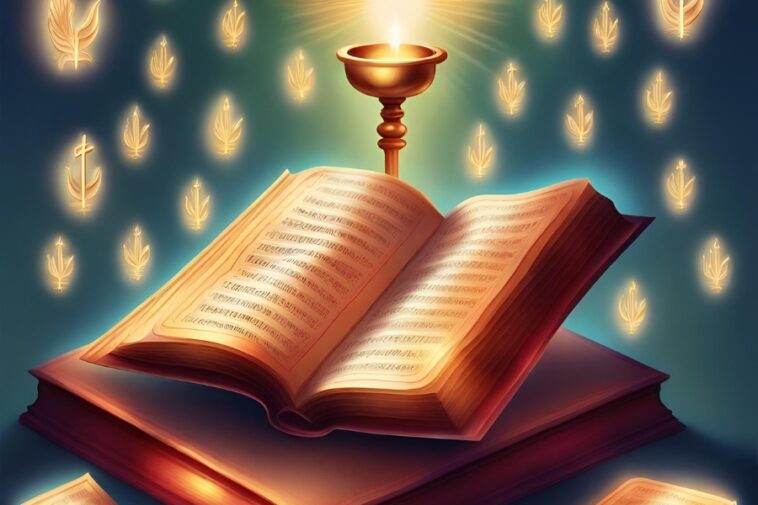 Open book on another book, chalice with light above, and glowing symbols in the background.