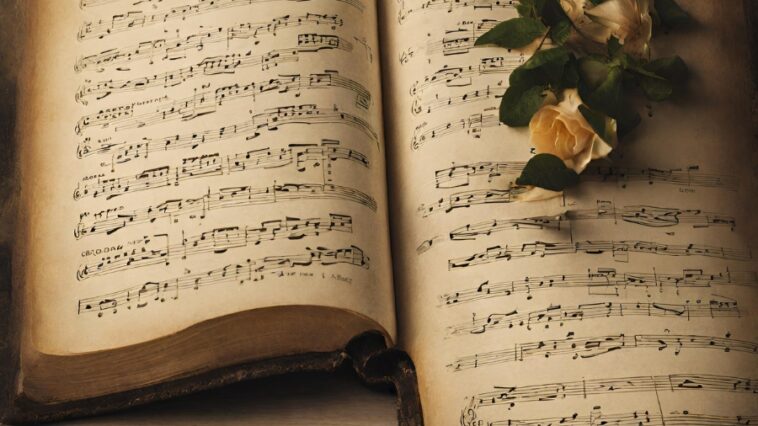 Open, aged book of musical scores with yellowed pages, topped with two pale roses and green leaves.