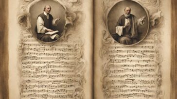 Open book with portraits of two men in ornate frames above musical scores.