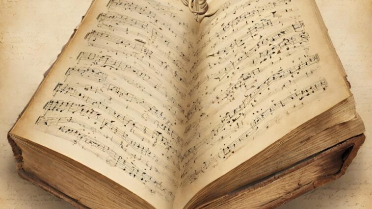 Open, aged book showing musical notes on its pages. An ornate object sits on the book's spine.
