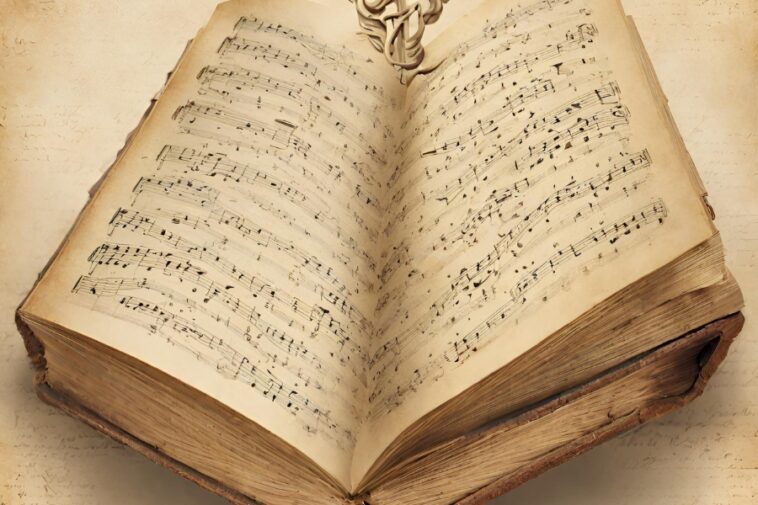 Open, aged book showing musical notes on its pages. An ornate object sits on the book's spine.