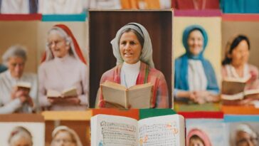 A grid of portraits shows women in head coverings reading books; a portrait of a woman in a head covering and red plaid top holding a book is in the center, with an open book of sheet music in the foreground.