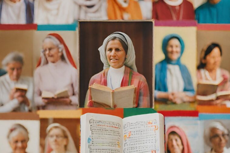 A grid of portraits shows women in head coverings reading books; a portrait of a woman in a head covering and red plaid top holding a book is in the center, with an open book of sheet music in the foreground.