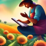 A stylized illustration shows a person in overalls and a hat sitting in a field of sunflowers, reading a book. A barn is in the background.
