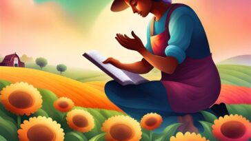 A stylized illustration shows a person in overalls and a hat sitting in a field of sunflowers, reading a book. A barn is in the background.
