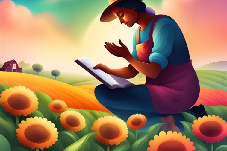 A stylized illustration shows a person in overalls and a hat sitting in a field of sunflowers, reading a book. A barn is in the background.