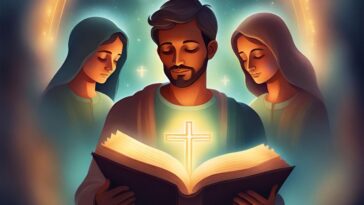 Illustration of a bearded man reading an open book with a glowing cross on the cover, flanked by two women in headscarves, against a starry background with light beams.