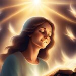 A woman with wavy brown hair smiles with her eyes closed while reading a book that glows with light. Above her, a bright light shines down along with several glowing shapes.