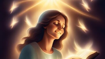 A woman with wavy brown hair smiles with her eyes closed while reading a book that glows with light. Above her, a bright light shines down along with several glowing shapes.