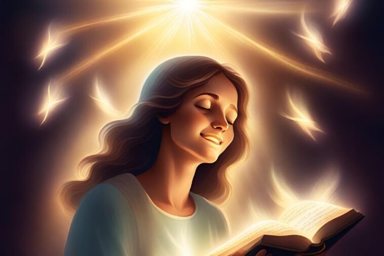 A woman with wavy brown hair smiles with her eyes closed while reading a book that glows with light. Above her, a bright light shines down along with several glowing shapes.